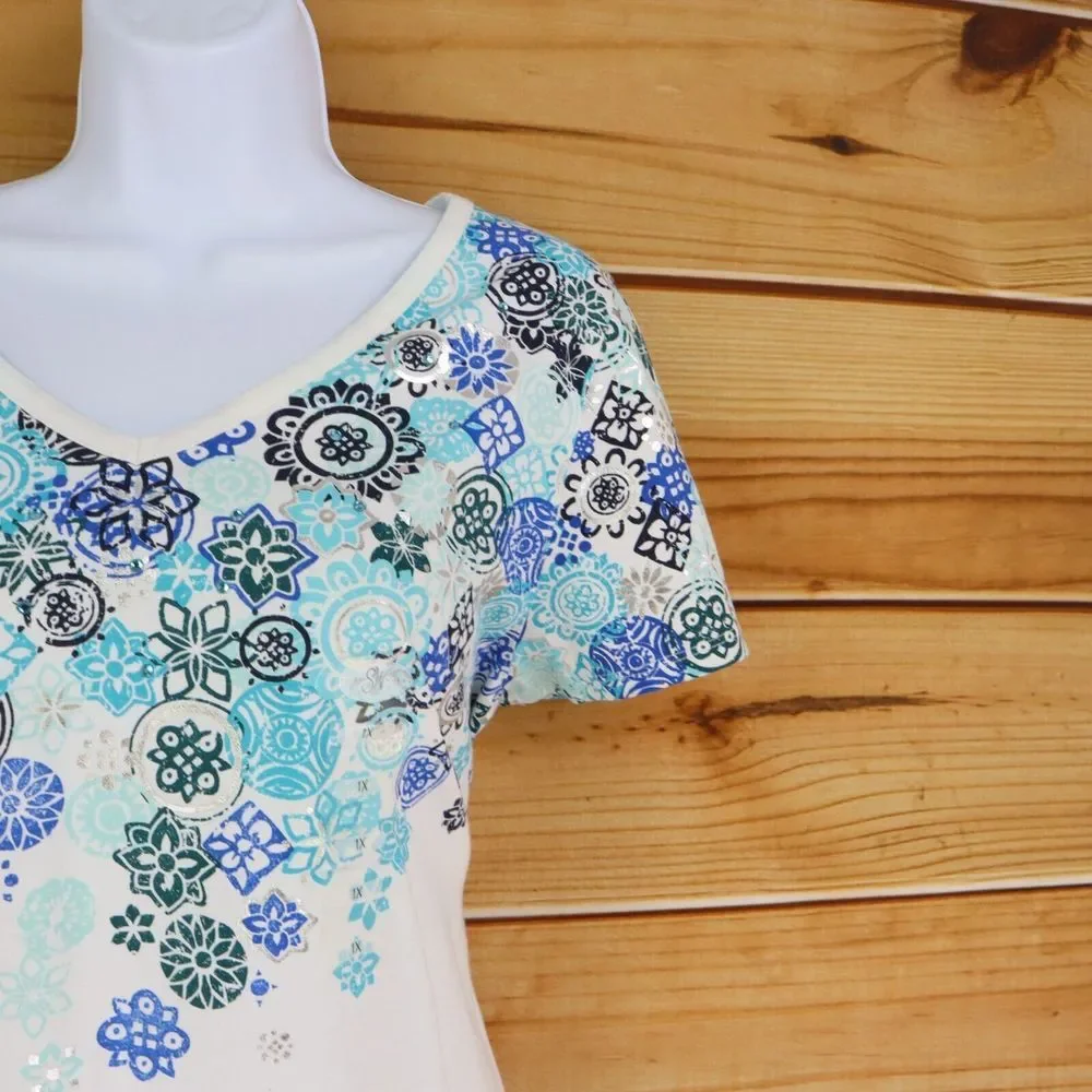 Studio Works Short Sleeve Shirt Womens Sz 1X White Blue Floral Cotton V-Neck NEW - Picture 5 of 8